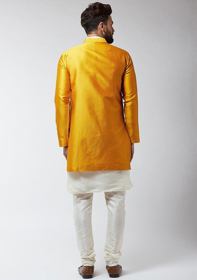 Cream Solid Poly Blend Kurta Set For Men