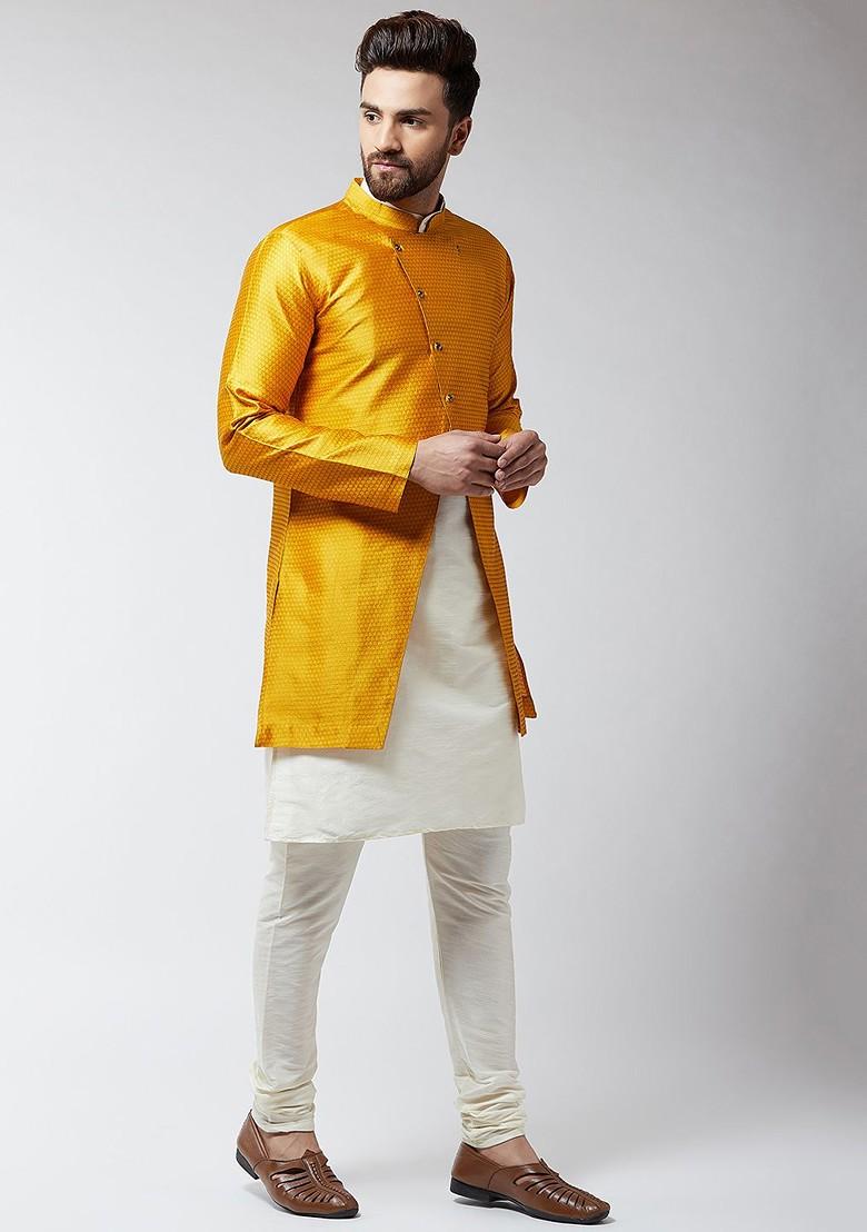 Cream Solid Poly Blend Kurta Set For Men