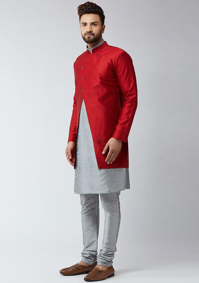 Grey Solid Poly Blend Kurta Set For Men