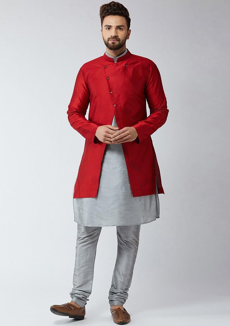 Grey Solid Poly Blend Kurta Set For Men