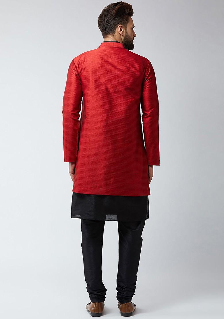 Black Solid Poly Blend Kurta Set For Men