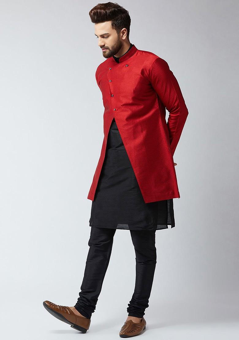 Black Solid Poly Blend Kurta Set For Men