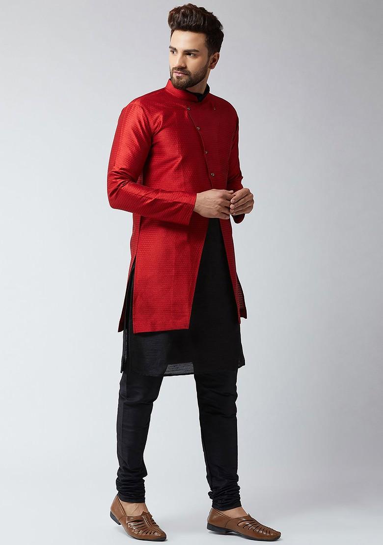 Black Solid Poly Blend Kurta Set For Men