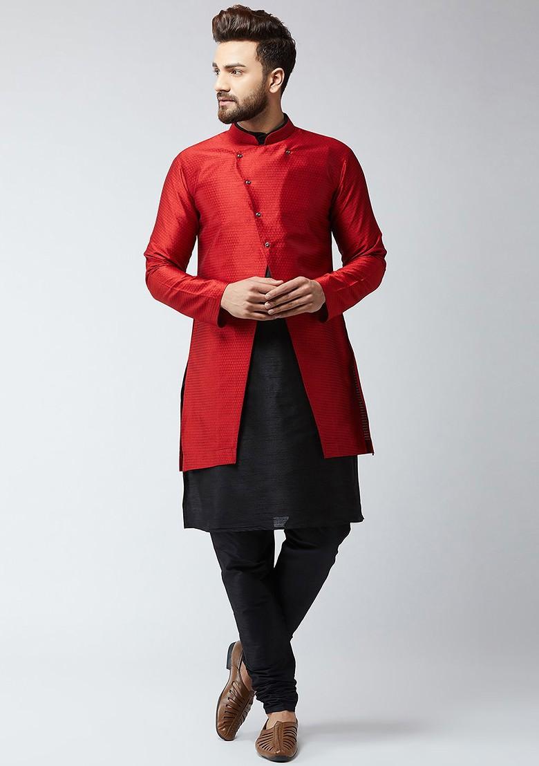 Black Solid Poly Blend Kurta Set For Men