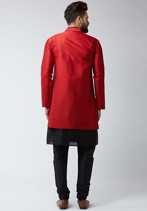 Black Solid Poly Blend Kurta Set For Men