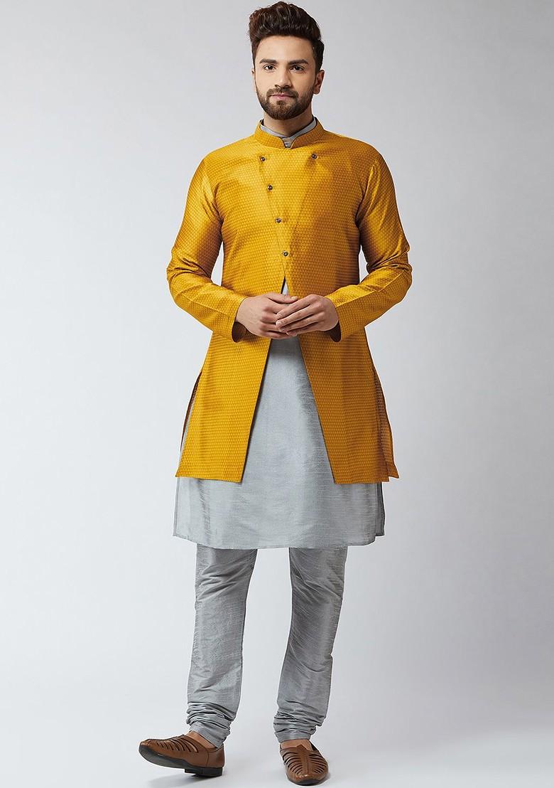 Grey Solid Poly Blend Kurta Set For Men