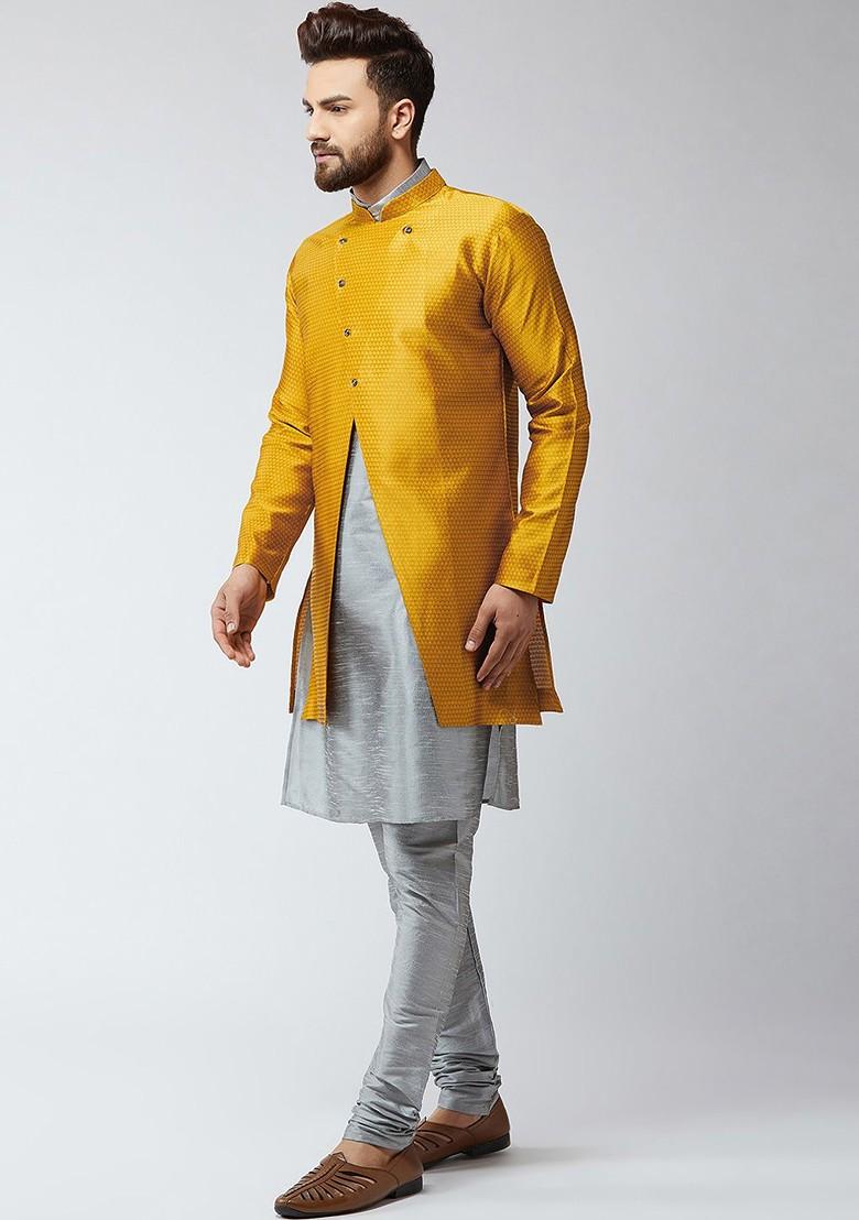 Grey Solid Poly Blend Kurta Set For Men