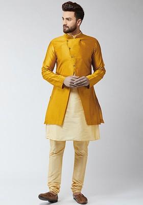 Beige Solid Poly Blend Kurta Set For Men