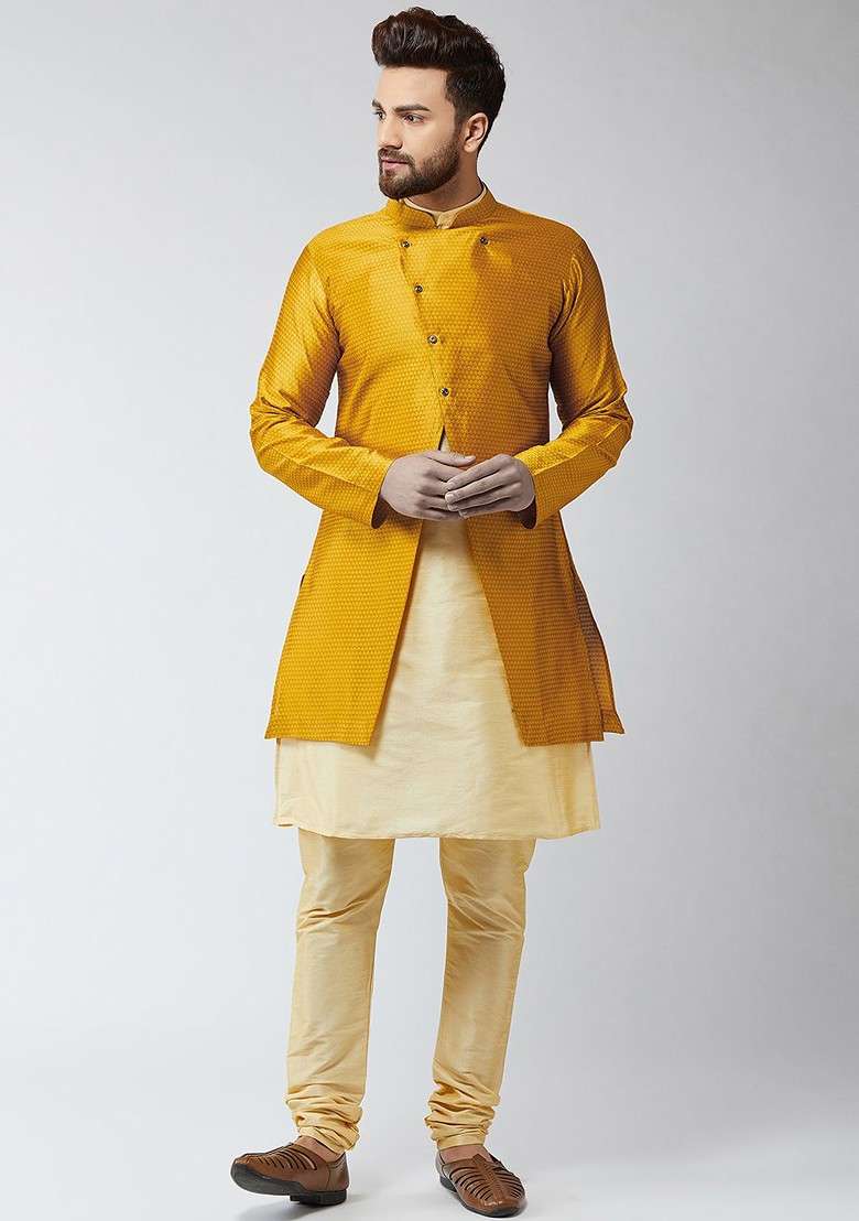 Beige Solid Poly Blend Kurta Set For Men - Indya