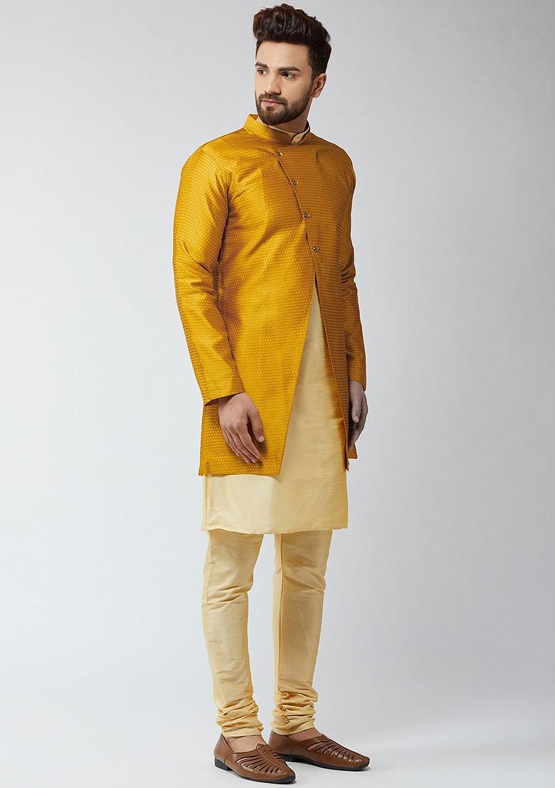 Beige Solid Poly Blend Kurta Set For Men