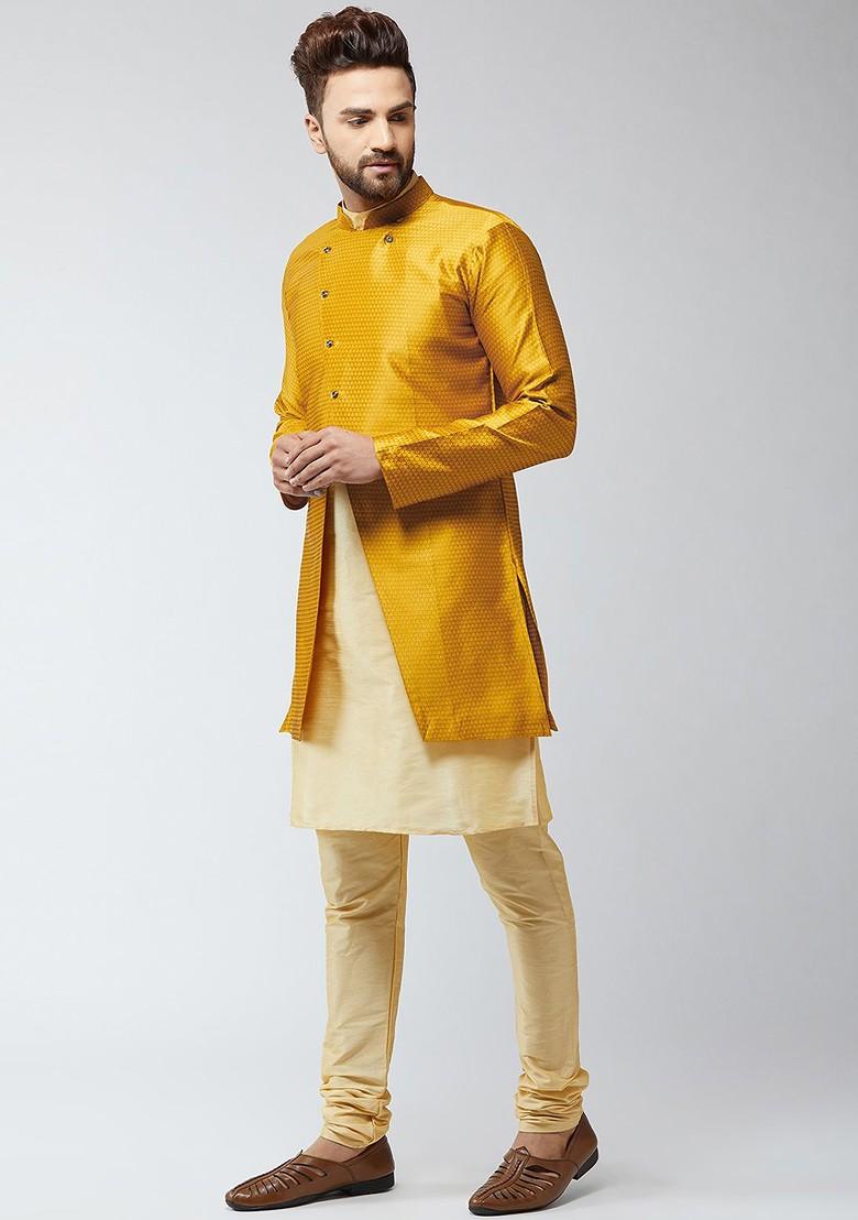 Beige Solid Poly Blend Kurta Set For Men