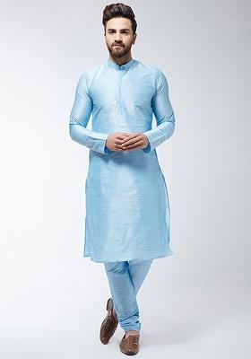 Turquoise Blue Solid Poly Blend Kurta Set For Men