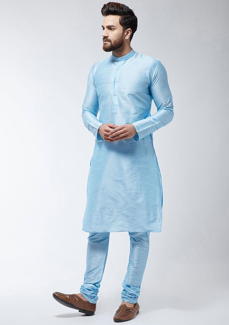 Turquoise Blue Solid Poly Blend Kurta Set For Men