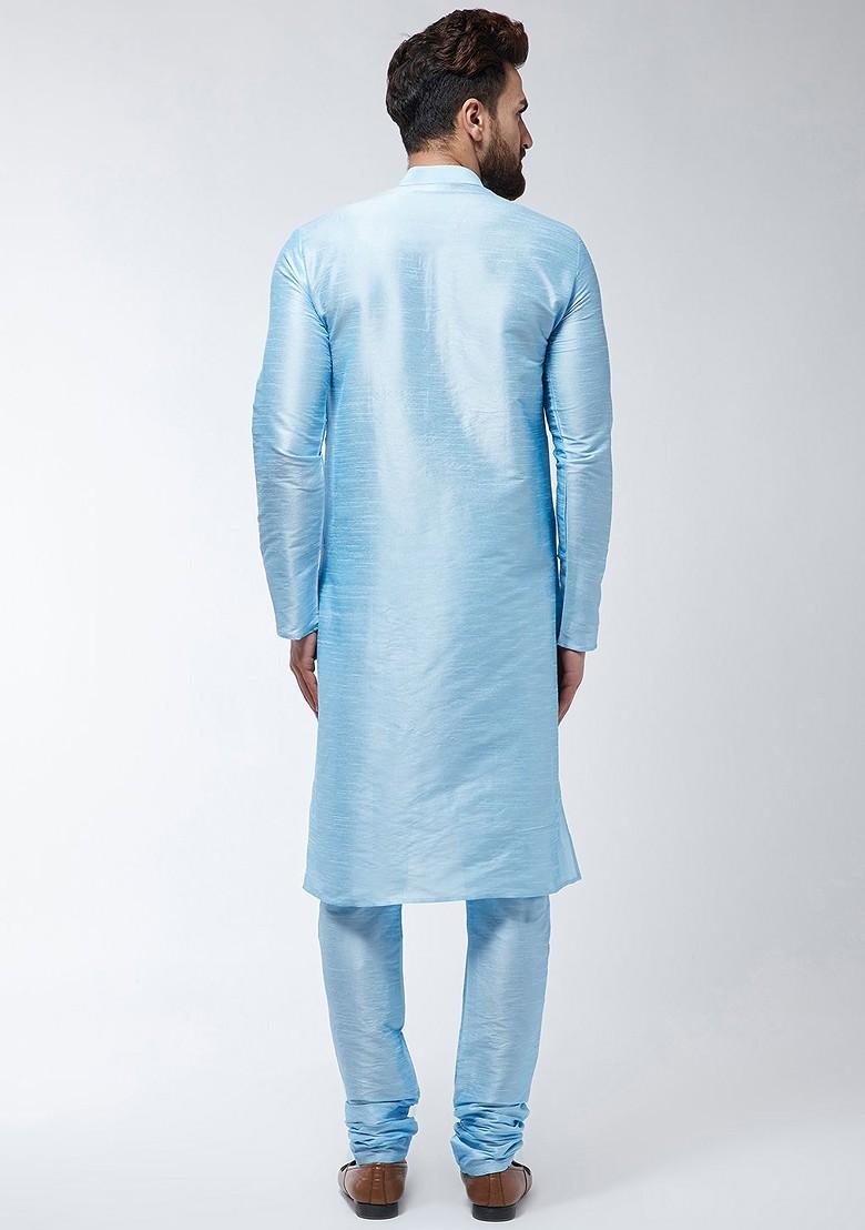 Turquoise Blue Solid Poly Blend Kurta Set For Men