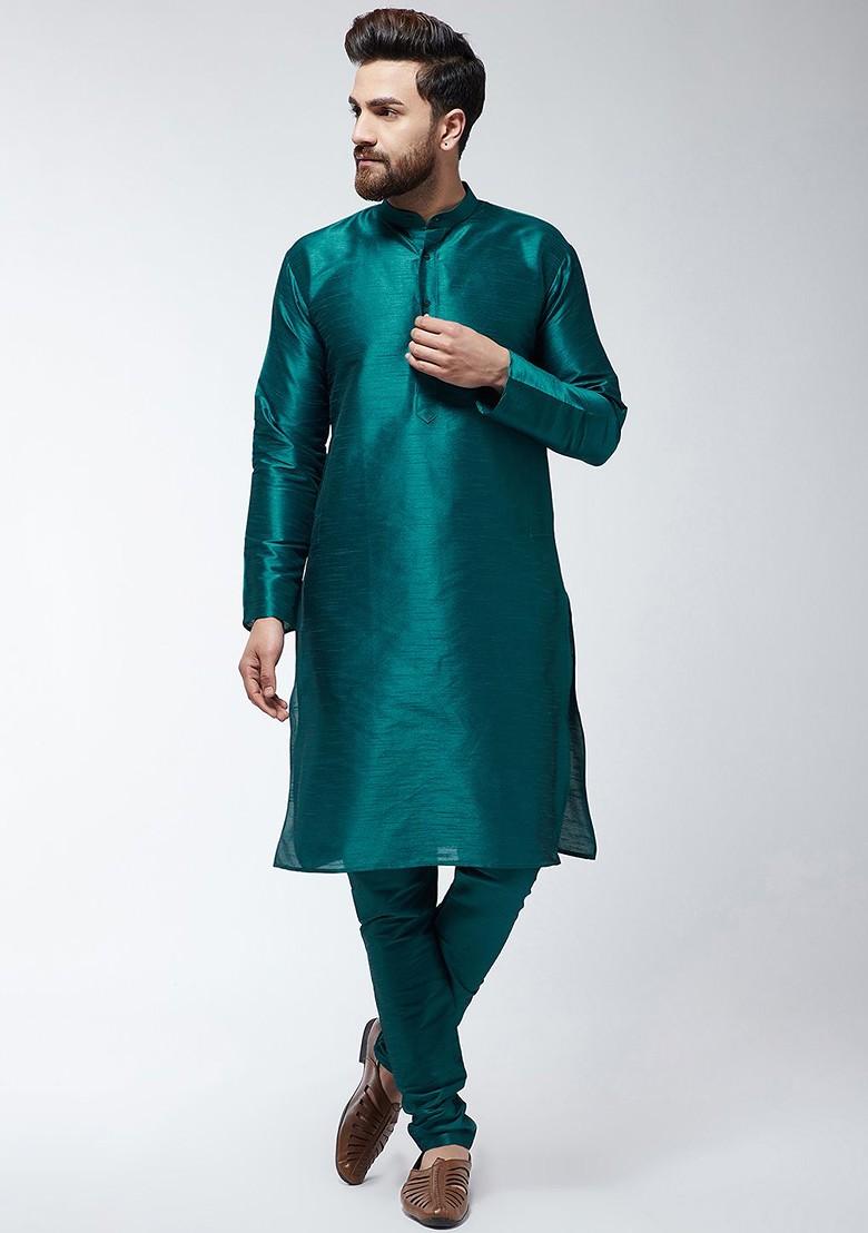 Green Solid Poly Blend Kurta Set For Men