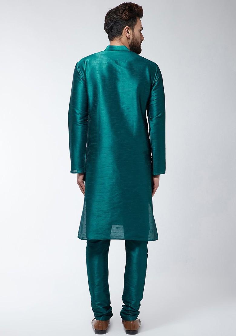 Green Solid Poly Blend Kurta Set For Men