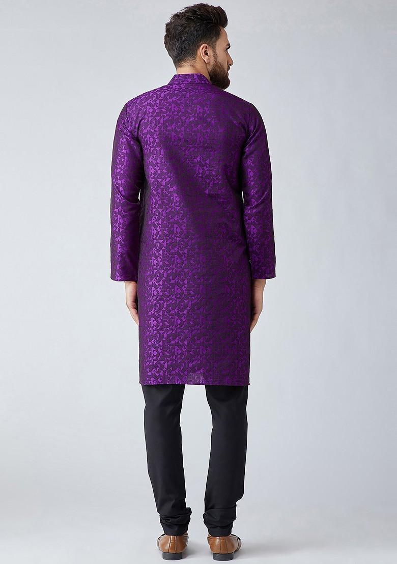 Purple Solid Poly Blend Kurta Set For Men