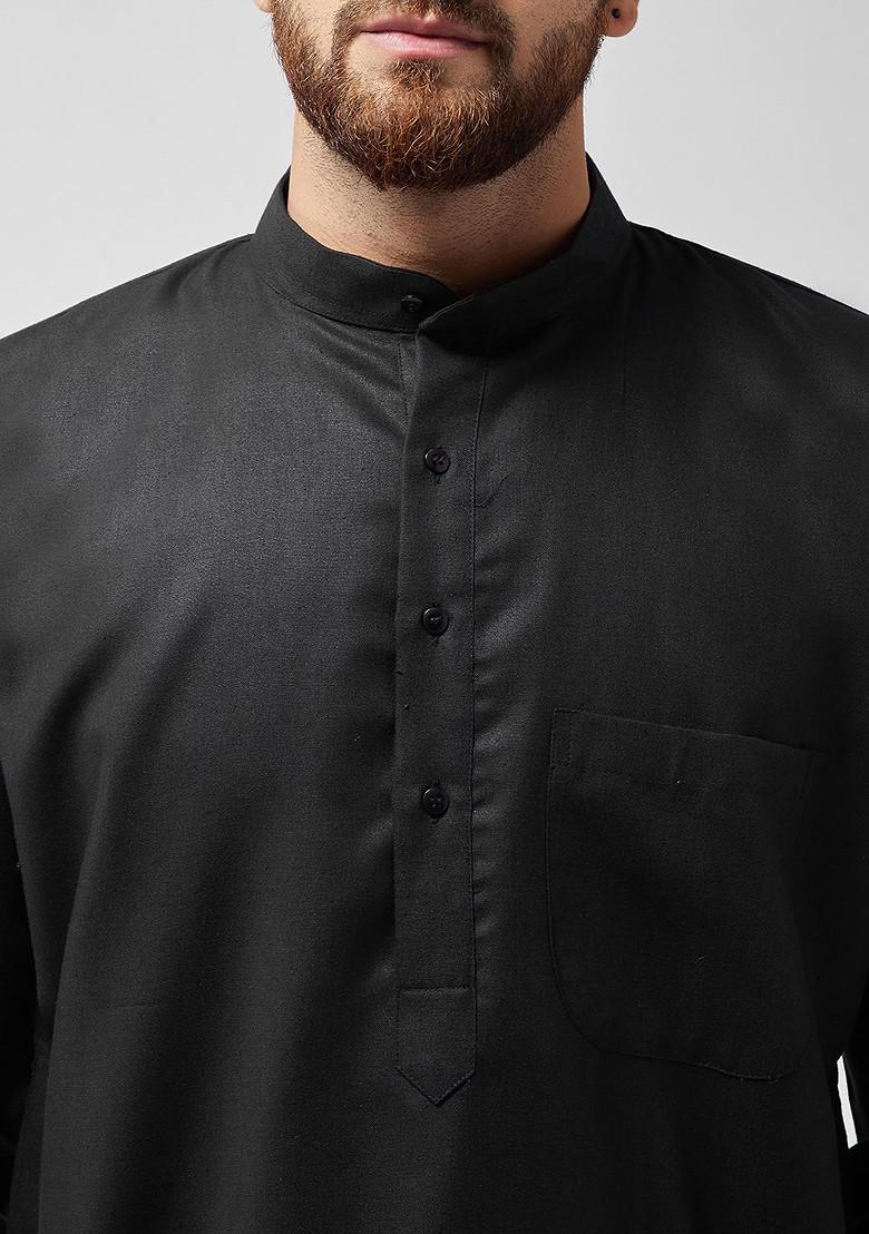 Black Solid Poly Blend Kurta Set For Men
