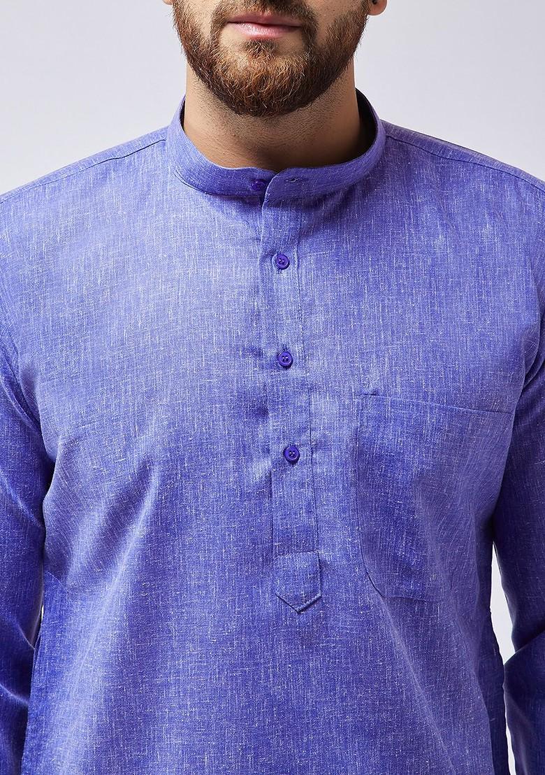 Blue Solid Poly Blend Kurta Set For Men