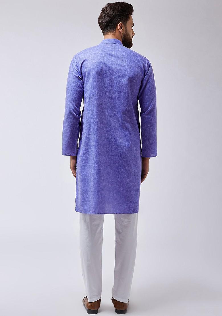 Blue Solid Poly Blend Kurta Set For Men