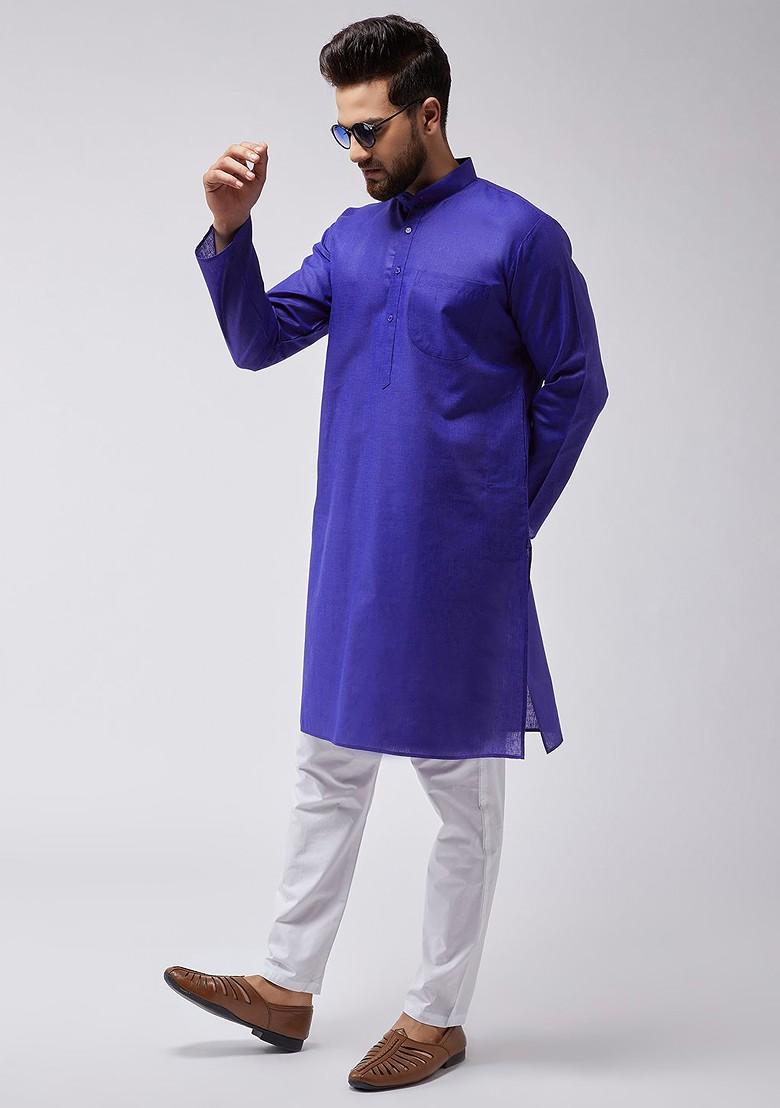 Blue Solid Poly Blend Kurta Set For Men