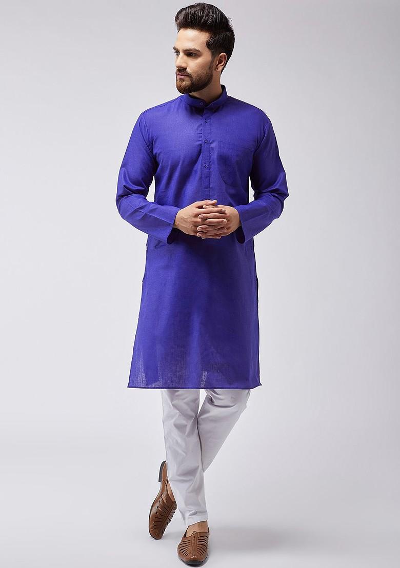 Blue Solid Poly Blend Kurta Set For Men