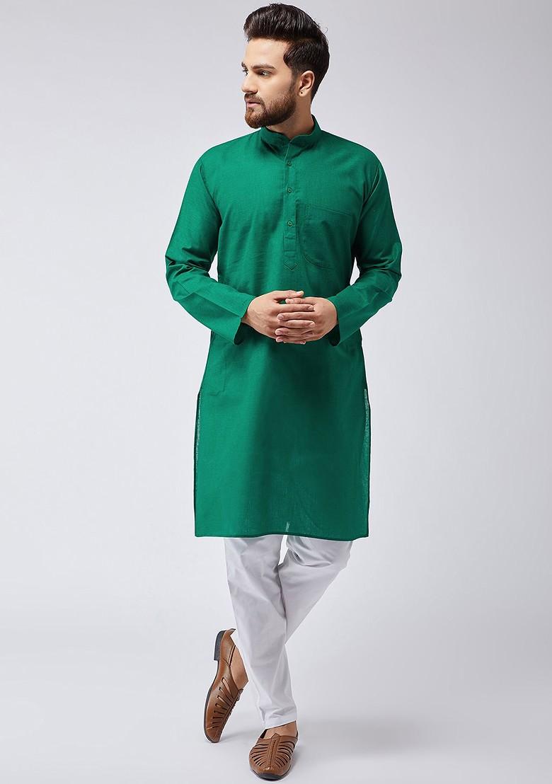 Green Solid Poly Blend Kurta Set For Men