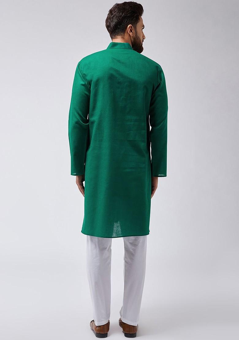 Green Solid Poly Blend Kurta Set For Men
