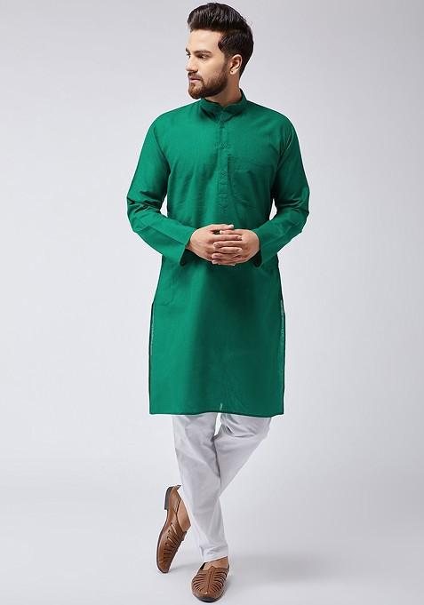 Green Solid Poly Blend Kurta Set For Men