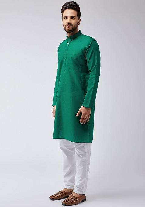 Green Solid Poly Blend Kurta Set For Men
