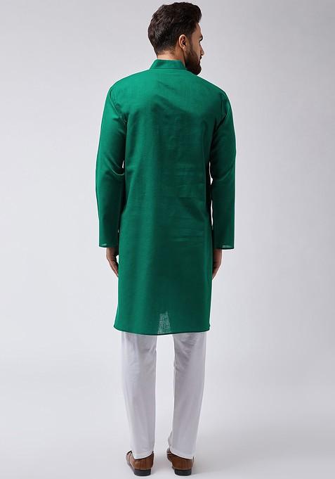Green Solid Poly Blend Kurta Set For Men