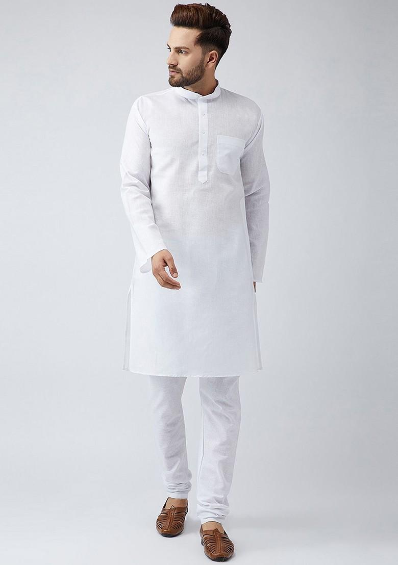 White Solid Poly Blend Kurta Set For Men
