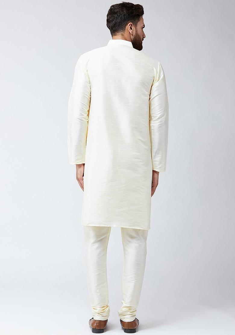 Cream Solid Poly Blend Kurta Set For Men