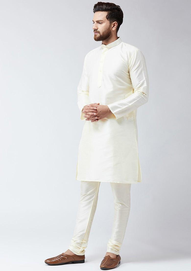 Cream Solid Poly Blend Kurta Set For Men