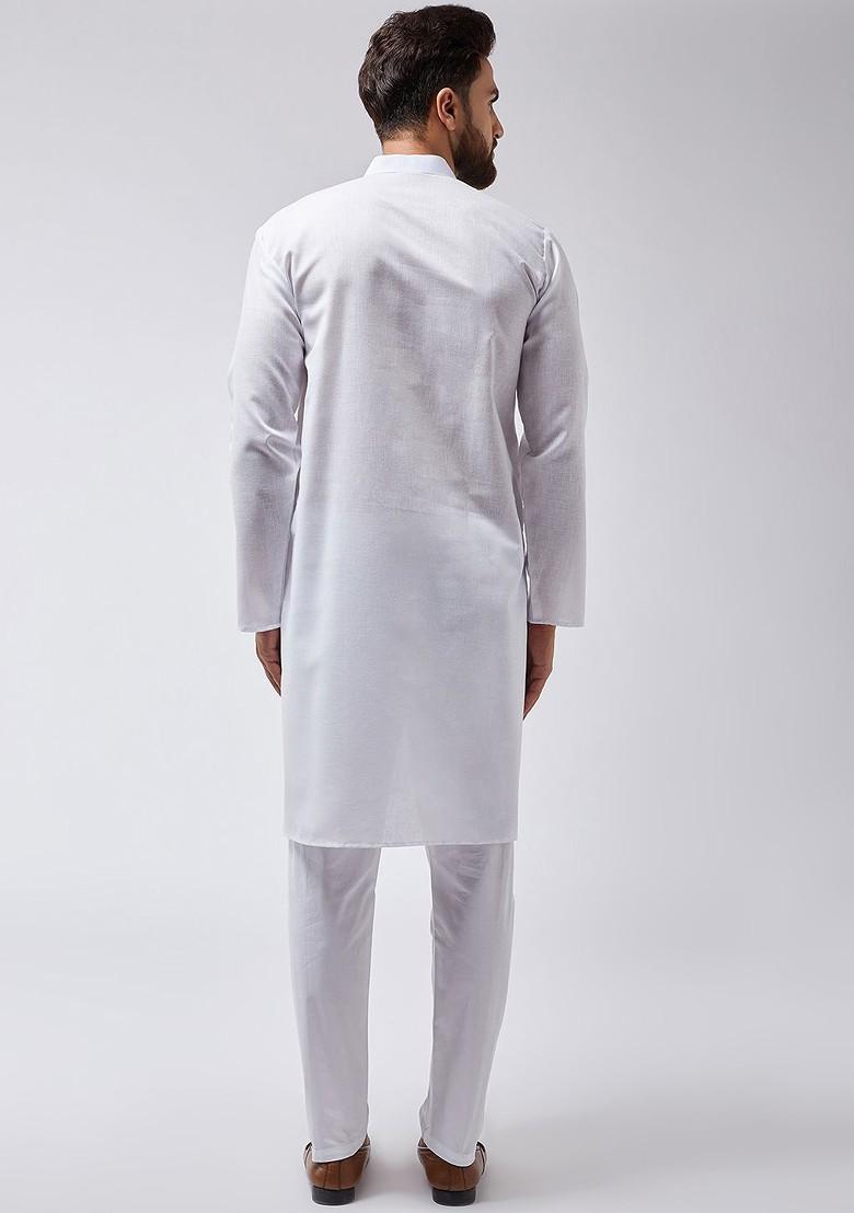 White Solid Poly Blend Kurta Set For Men