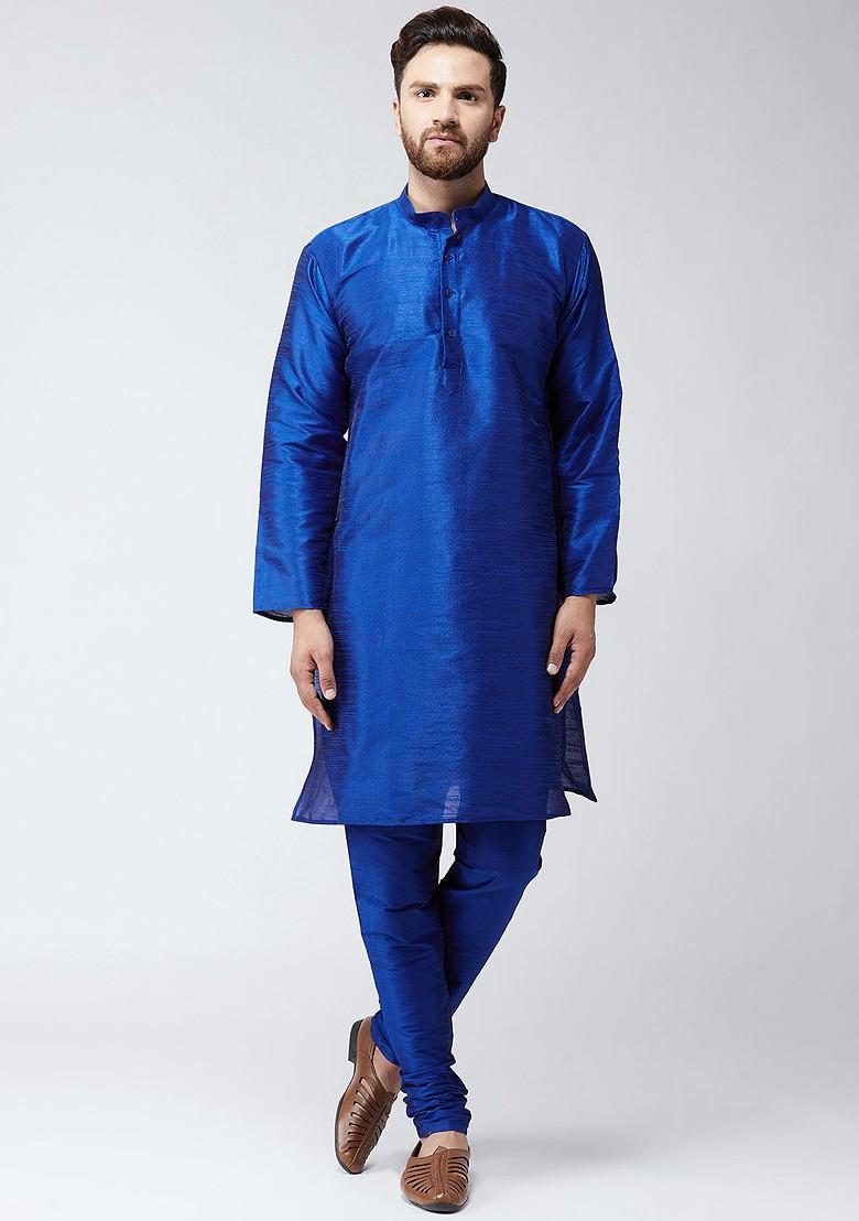 Blue Solid Poly Blend Kurta Set For Men