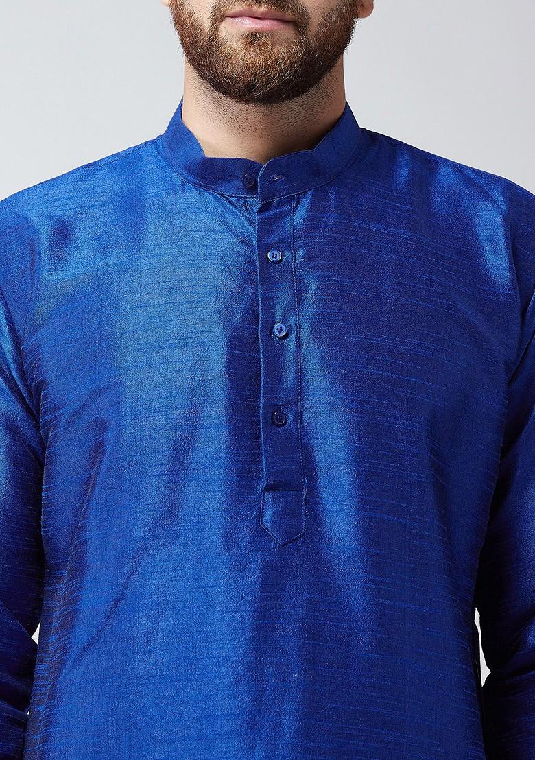 Blue Solid Poly Blend Kurta Set For Men