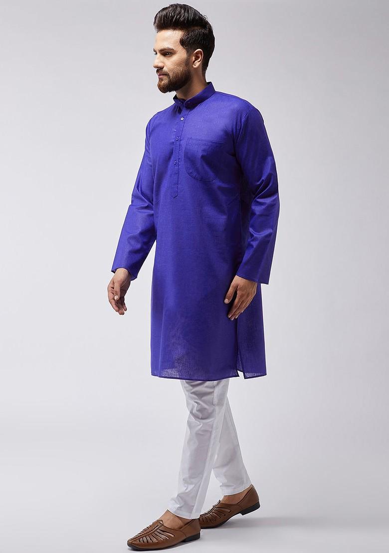 Blue Solid Poly Blend Kurta Set For Men