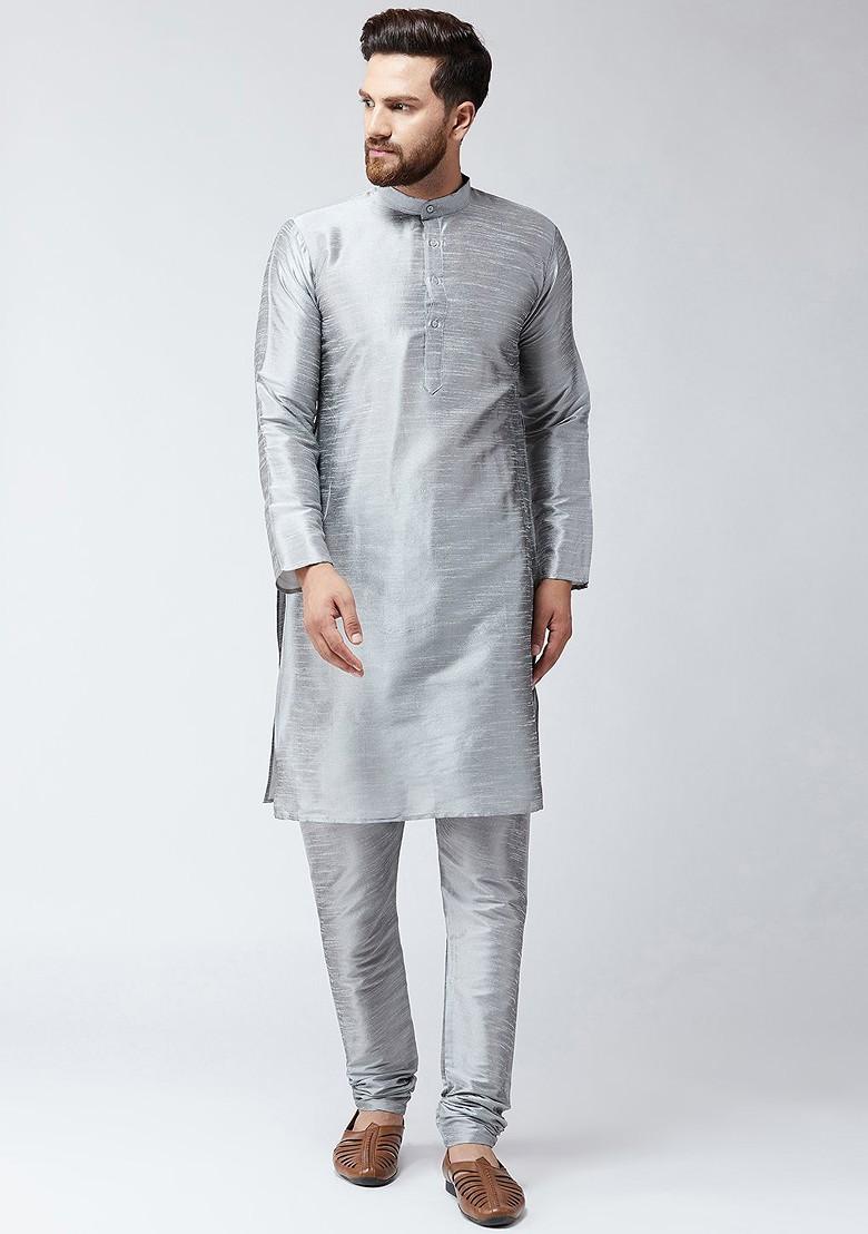 Grey Solid Poly Blend Kurta Set For Men
