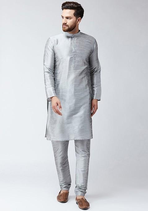 Grey Solid Poly Blend Kurta Set For Men
