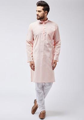 Peach Solid Poly Blend Kurta Set For Men