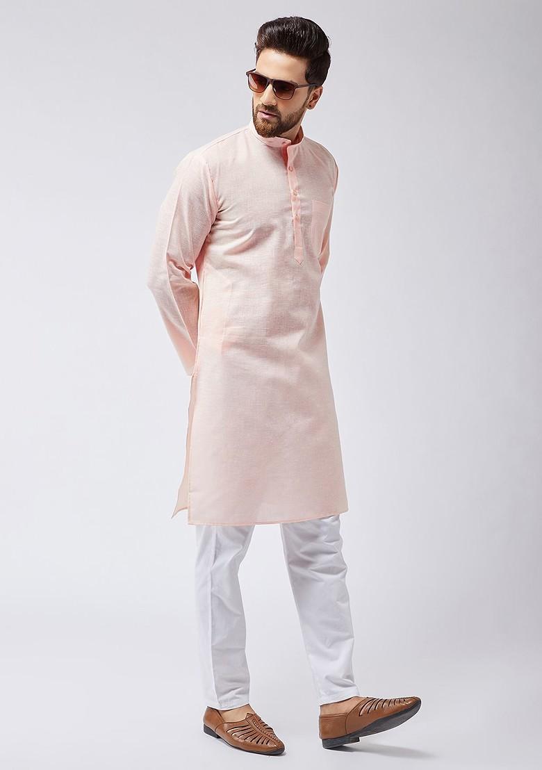 Peach Solid Poly Blend Kurta Set For Men