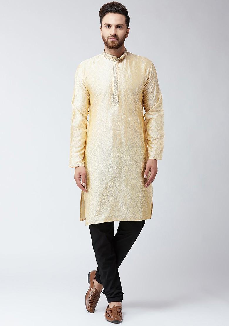 Beige Embroidered Poly Blend Kurta Set For Men