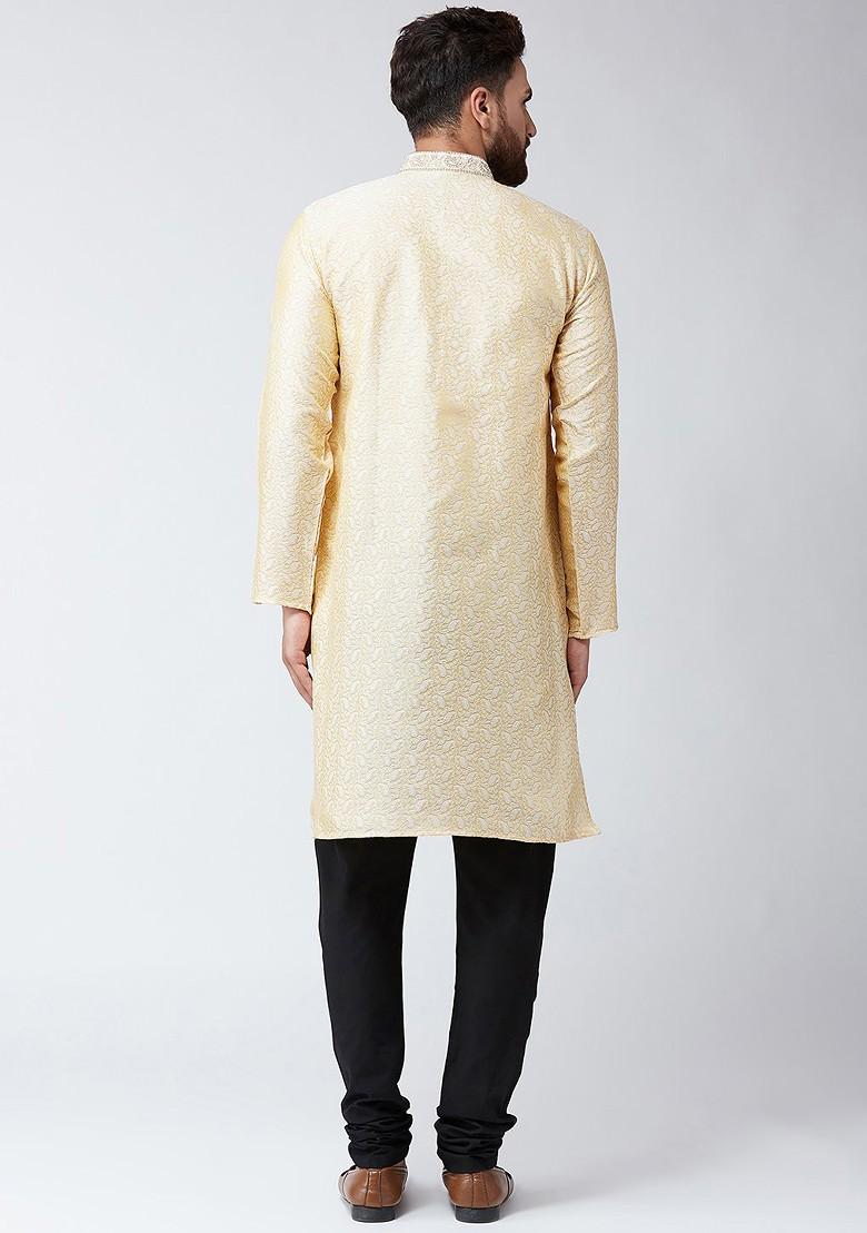 Beige Embroidered Poly Blend Kurta Set For Men