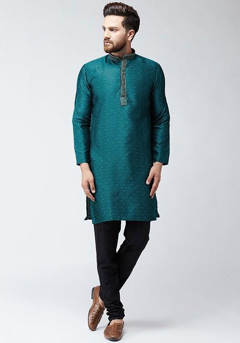 Teal Blue Solid Poly Blend Kurta Set For Men