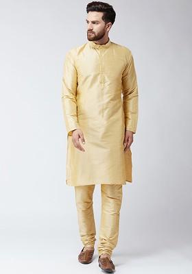 Beige Solid Poly Blend Kurta Set For Men