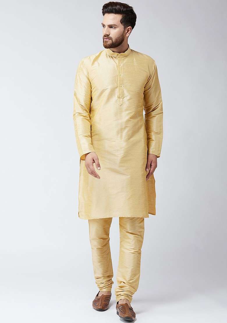 Beige Solid Poly Blend Kurta Set For Men - Indya