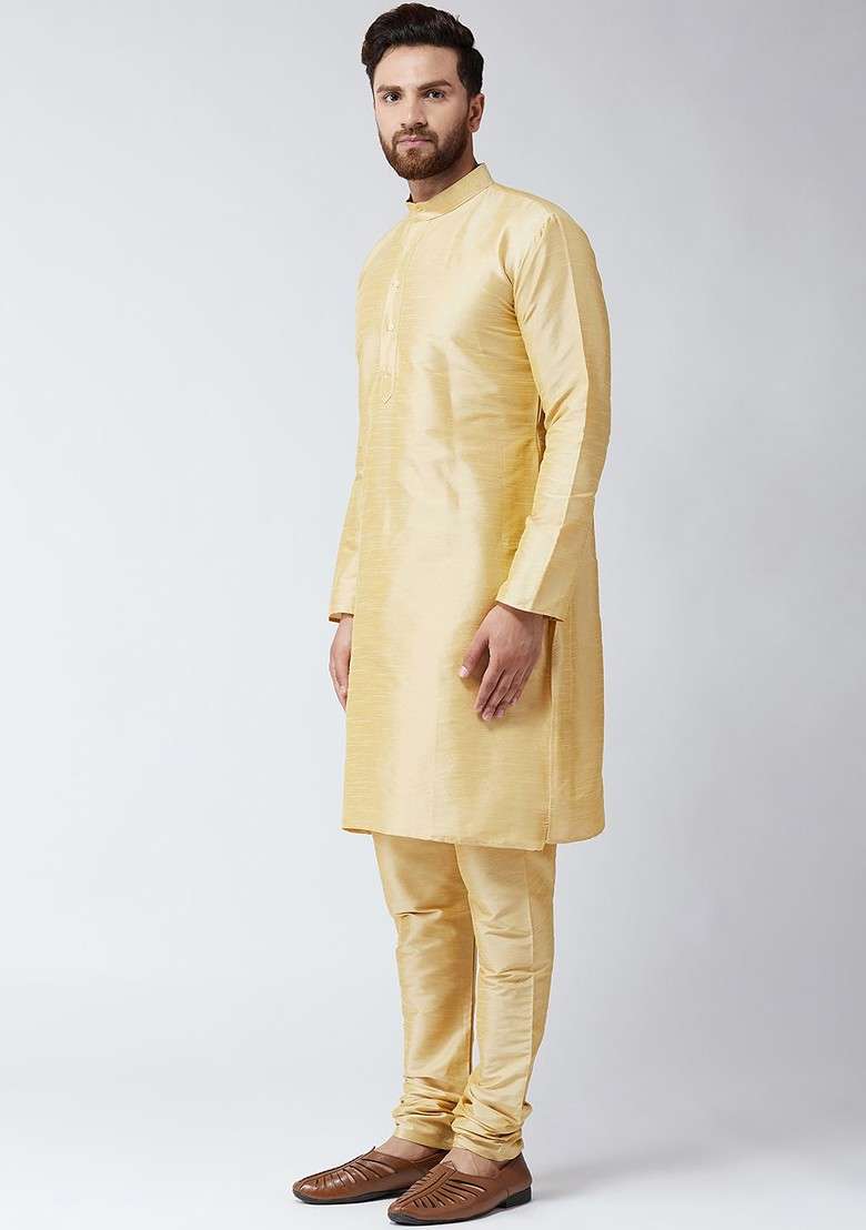 Beige Solid Poly Blend Kurta Set For Men - Indya