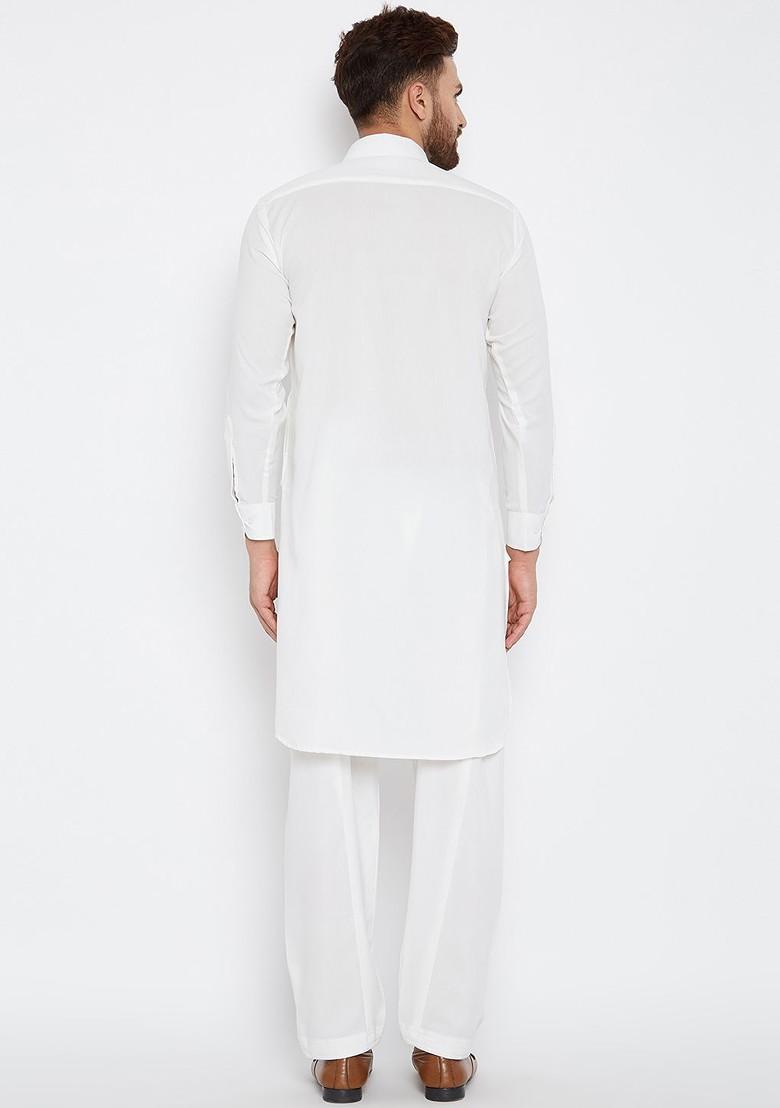 White Solid Poly Blend Kurta Set For Men