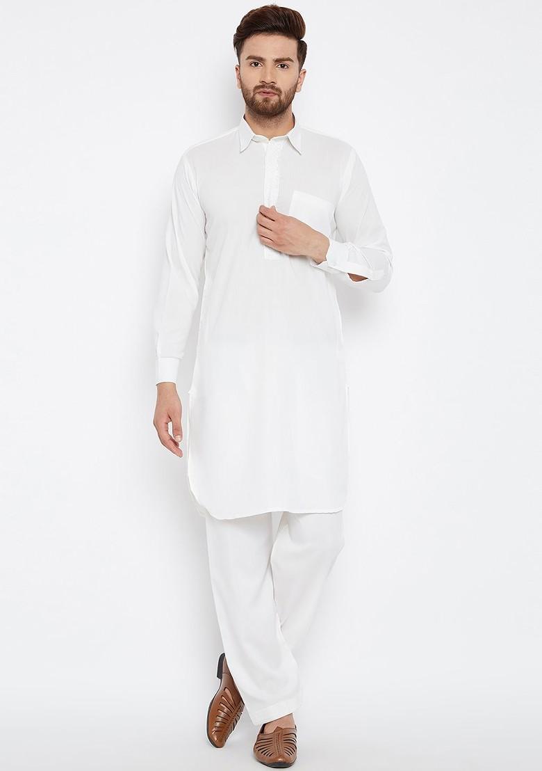 White Solid Poly Blend Kurta Set For Men